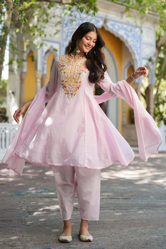 Pastel Pink Embroidered Cotton Kurta Set for Women - Floral Thread Work