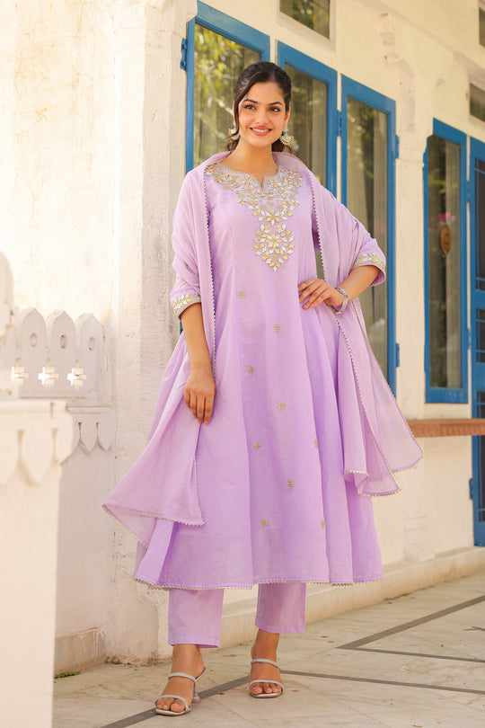 Lavender Gota Work Anarkali Kurta Set with Dupatta