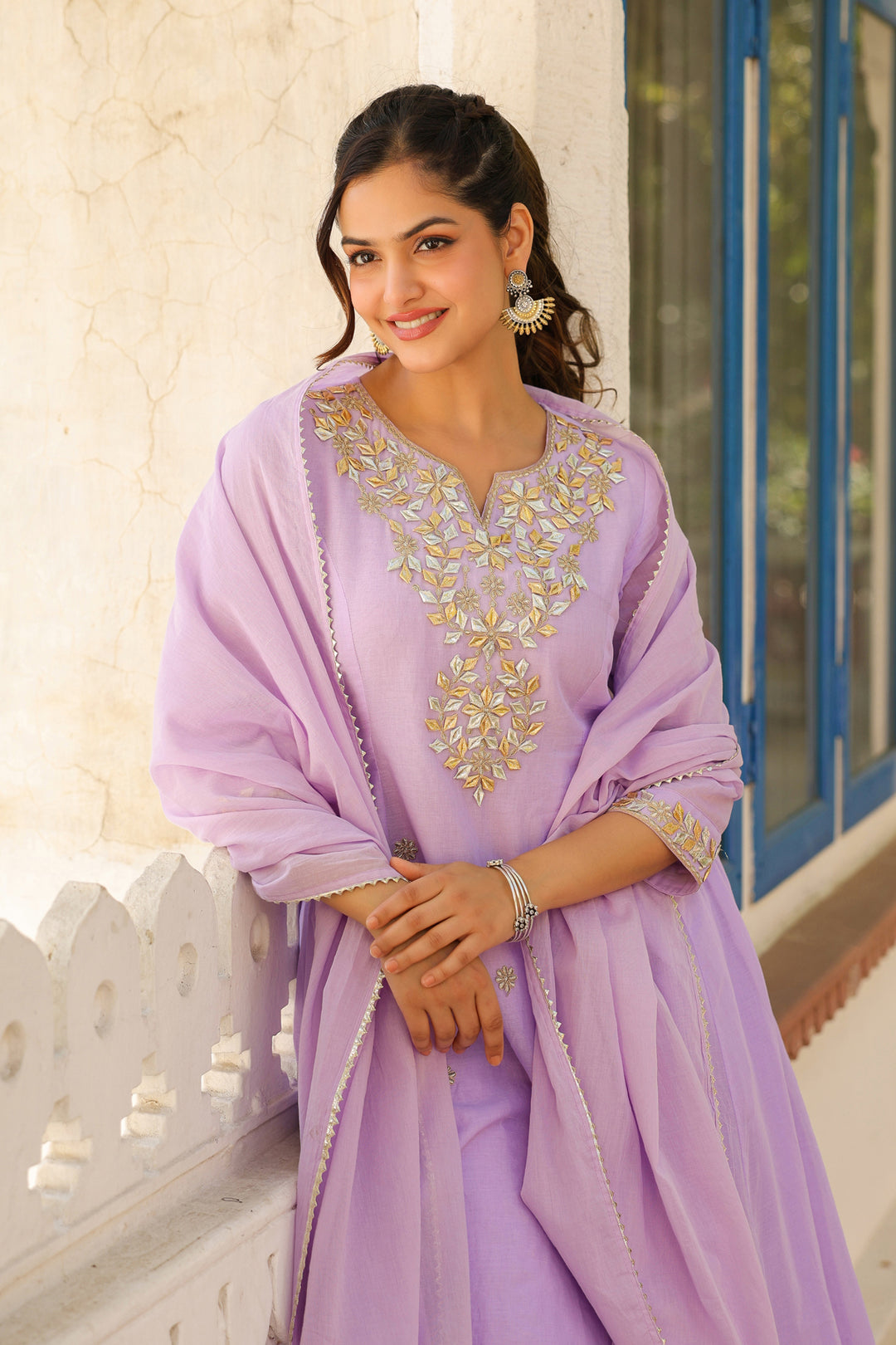 Lavender Gota Work Anarkali Kurta Set with Dupatta