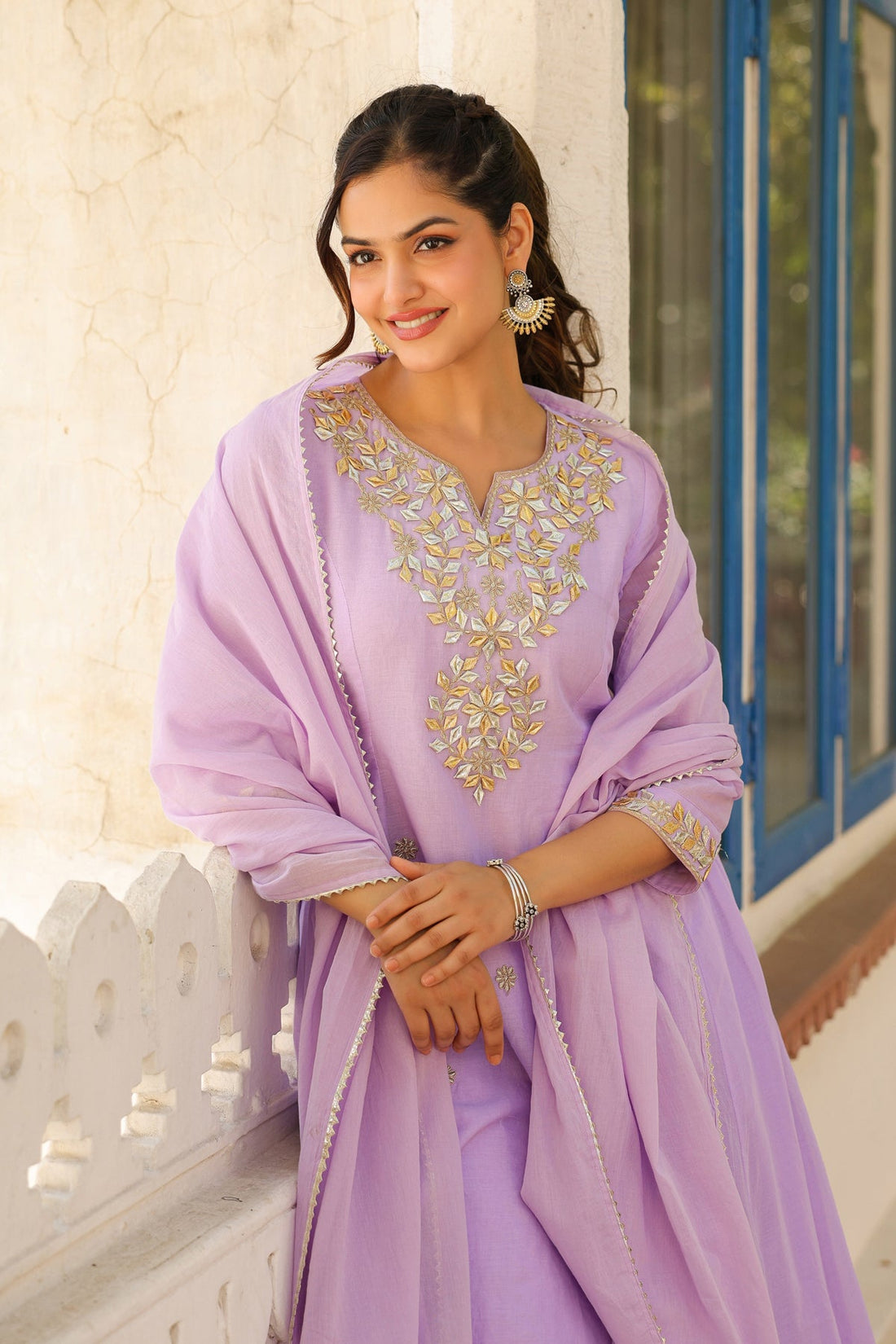 Lavender Gota Work Anarkali Kurta Set with Dupatta