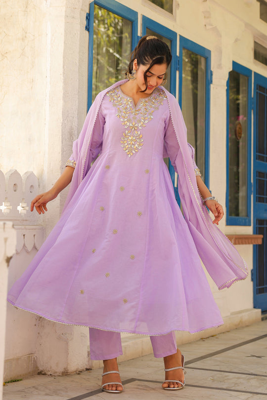 Lavender Gota Work Anarkali Kurta Set with Dupatta
