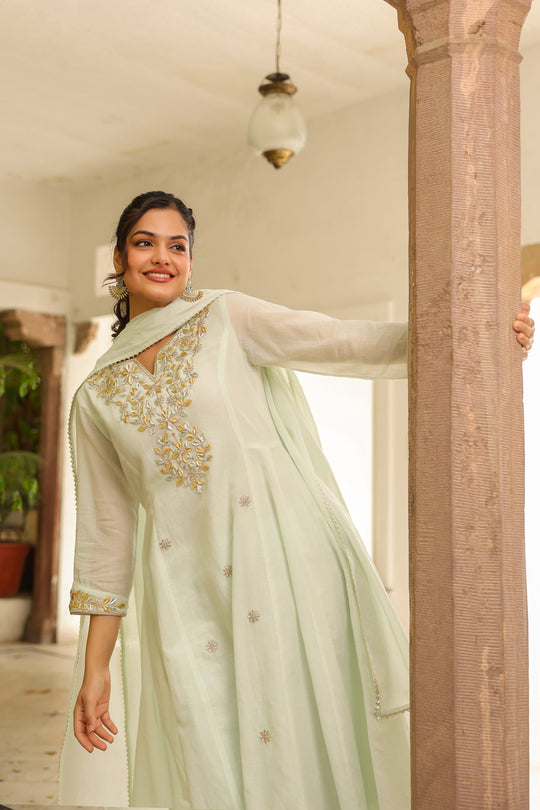 Pista Green Gota Work Anarkali Kurta Set with Dupatta