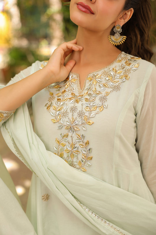 Pista Green Gota Work Anarkali Kurta Set with Dupatta