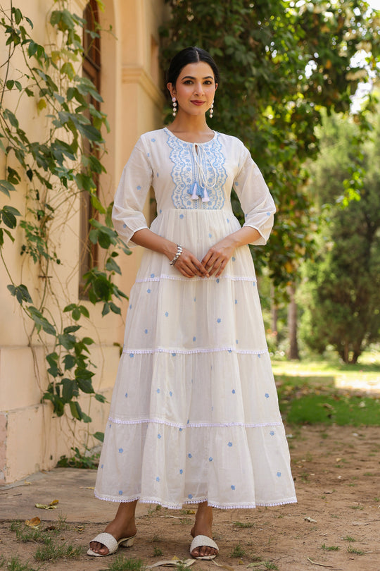 White Cotton Tiered Maxi Dress for Women with Blue Embroidery