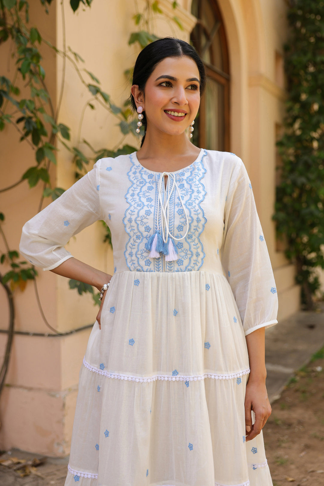 White Cotton Tiered Maxi Dress for Women with Blue Embroidery