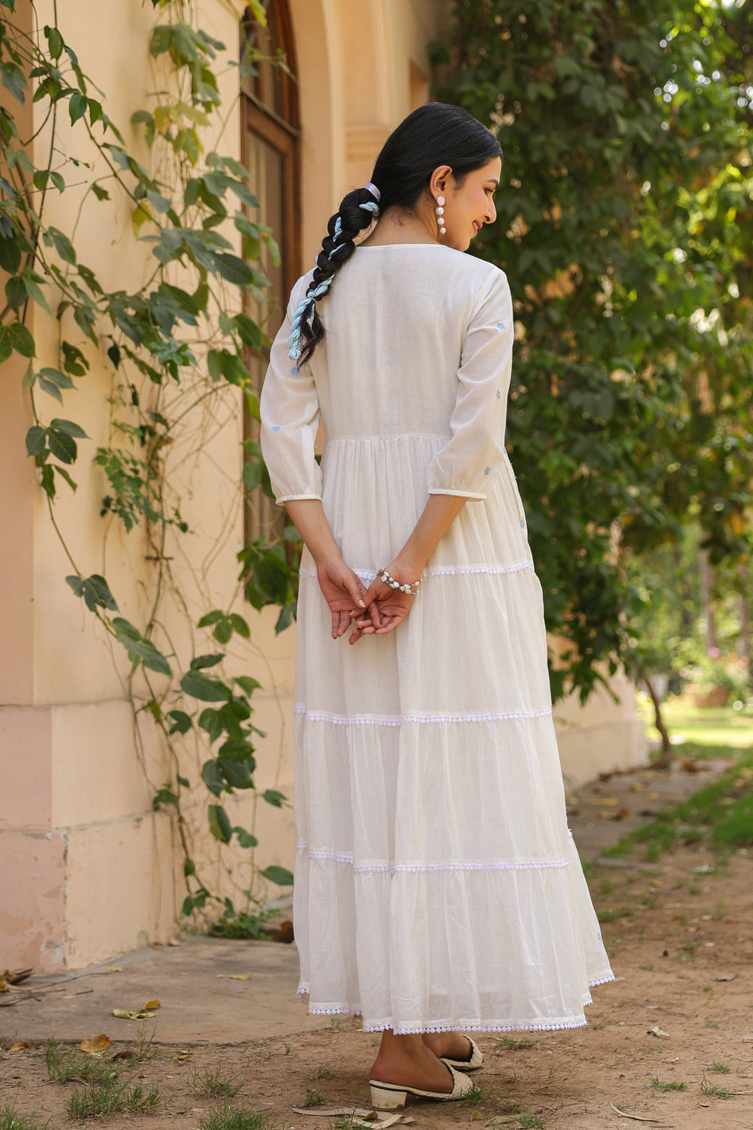 White Cotton Tiered Maxi Dress for Women with Blue Embroidery