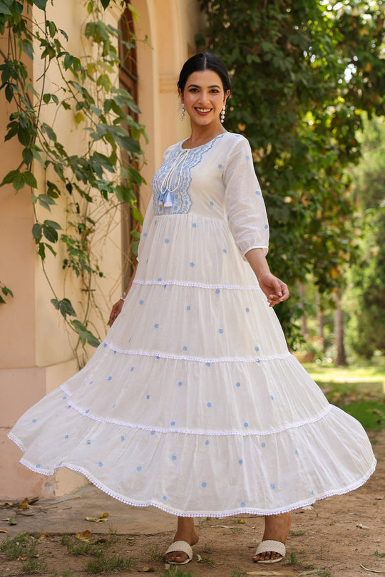 White Cotton Tiered Maxi Dress for Women with Blue Embroidery