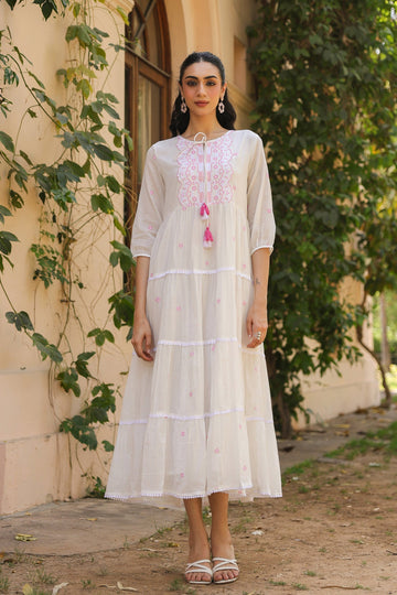White Cotton Tiered Maxi Dress for Women with Pink Embroidery