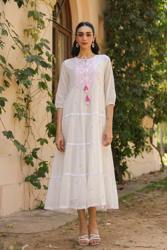White Cotton Tiered Maxi Dress for Women with Pink Embroidery