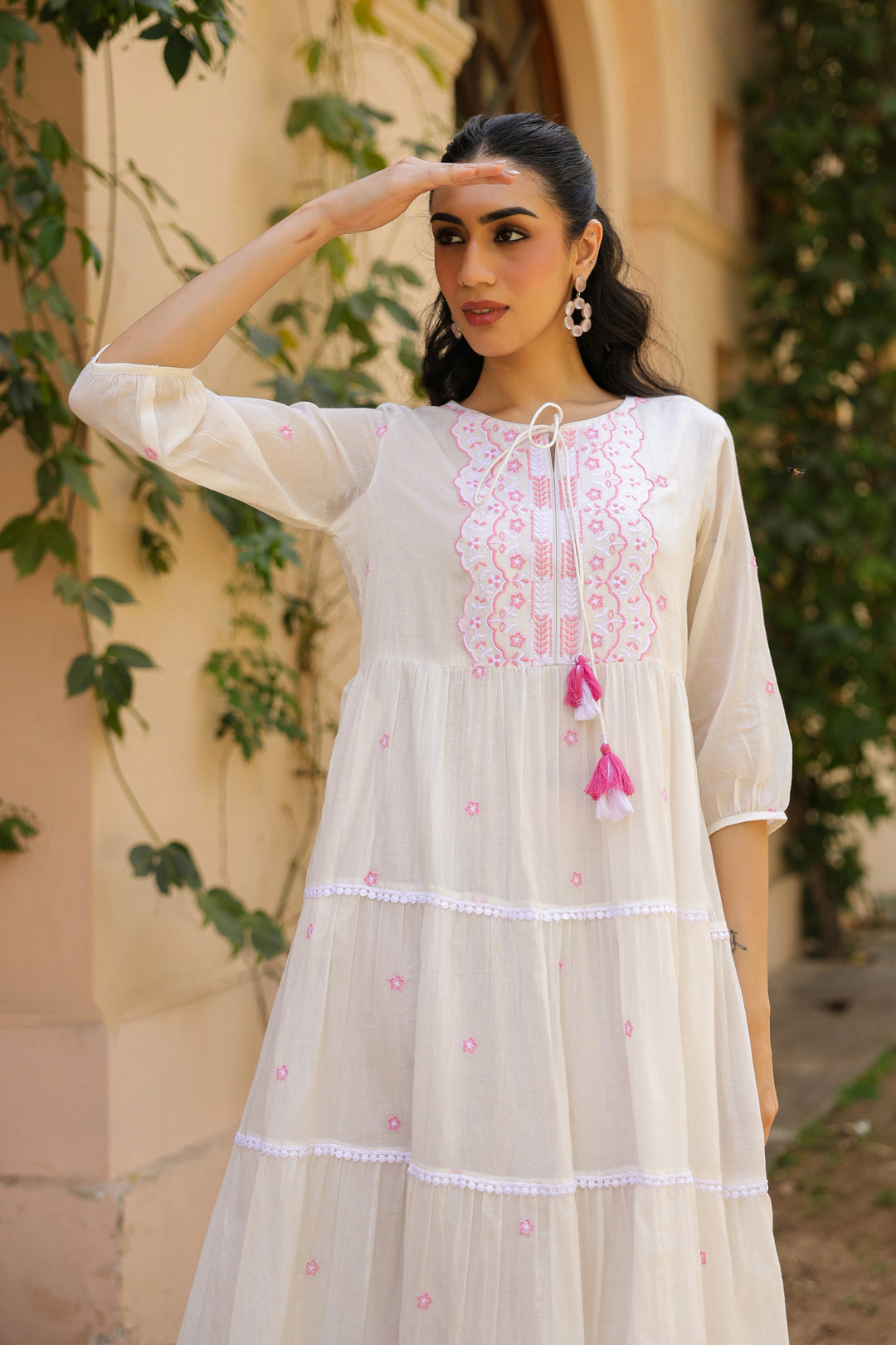 White Cotton Tiered Maxi Dress for Women with Pink Embroidery