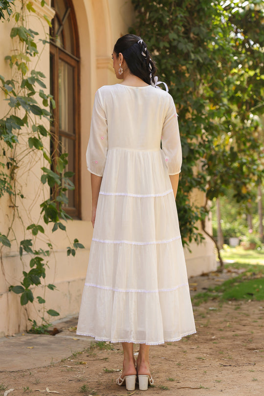 White Cotton Tiered Maxi Dress for Women with Pink Embroidery