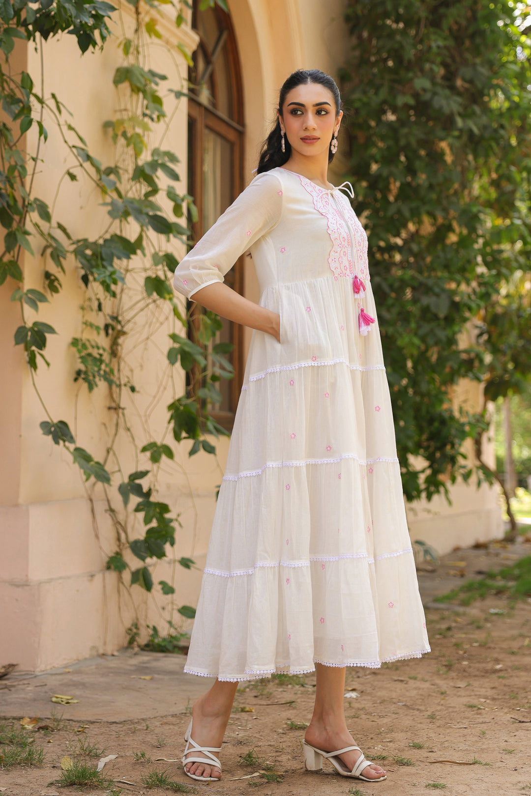 White Cotton Tiered Maxi Dress for Women with Pink Embroidery
