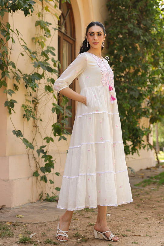 White Cotton Tiered Maxi Dress for Women with Pink Embroidery