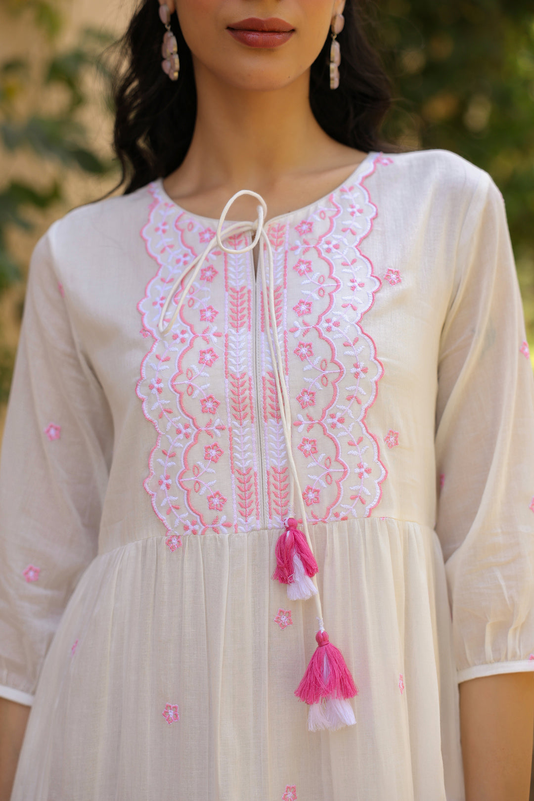 White Cotton Tiered Maxi Dress for Women with Pink Embroidery