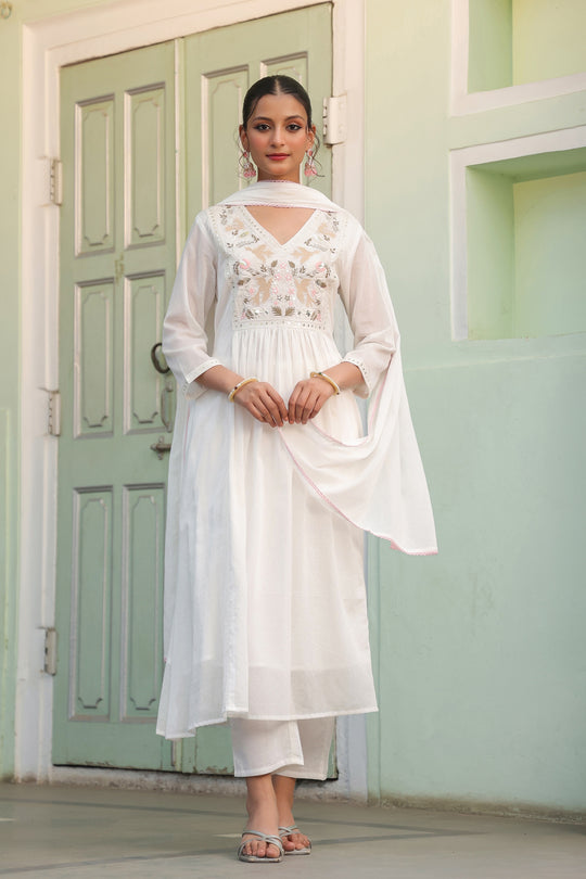 Off-White Embroidered Cotton Kurta Set for Women