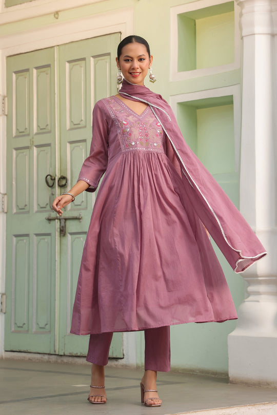 Onion Pink Embroidered Cotton Kurta Set for Women