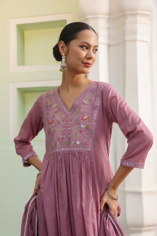 Onion Pink Embroidered Cotton Kurta Set for Women