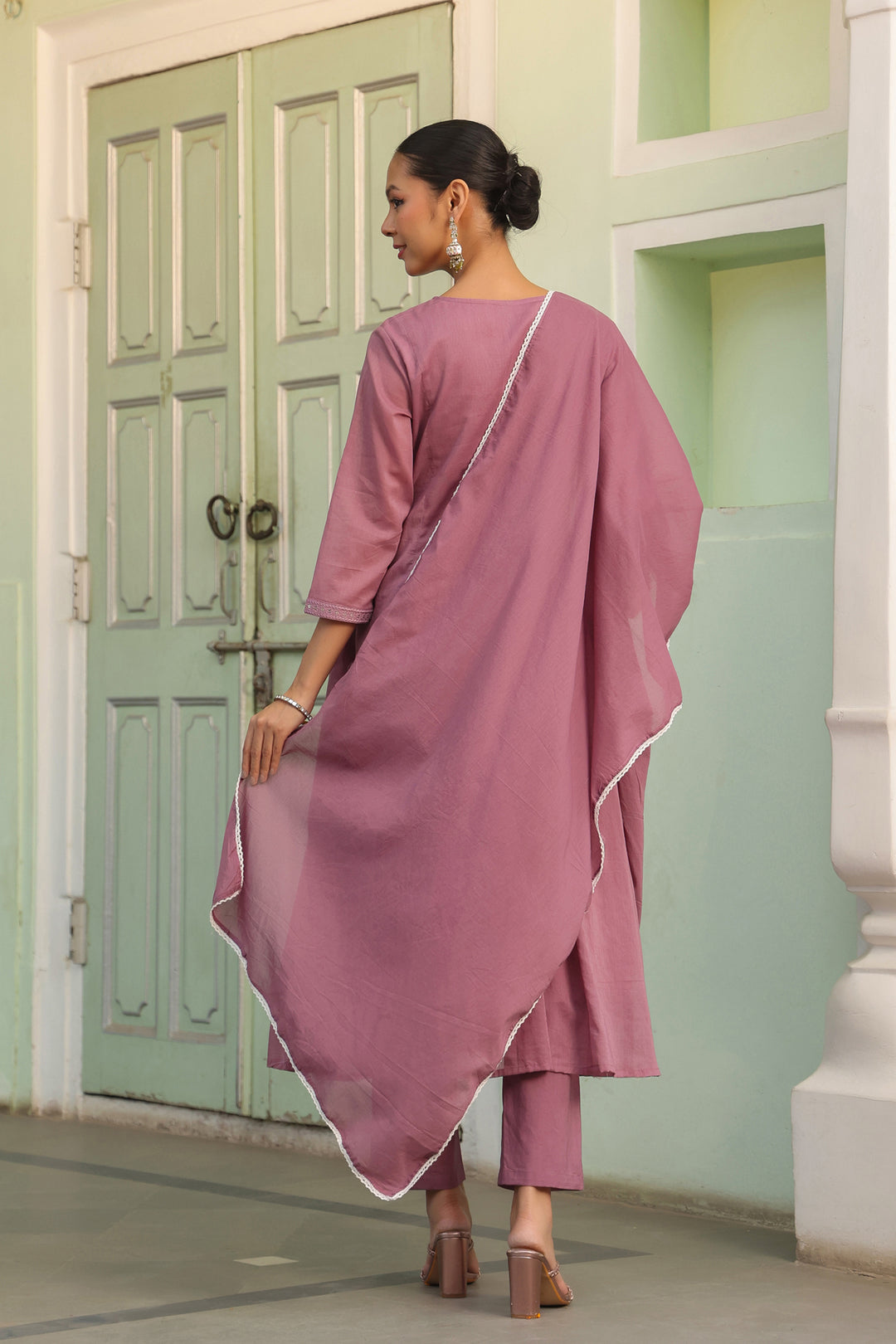 Onion Pink Embroidered Cotton Kurta Set for Women