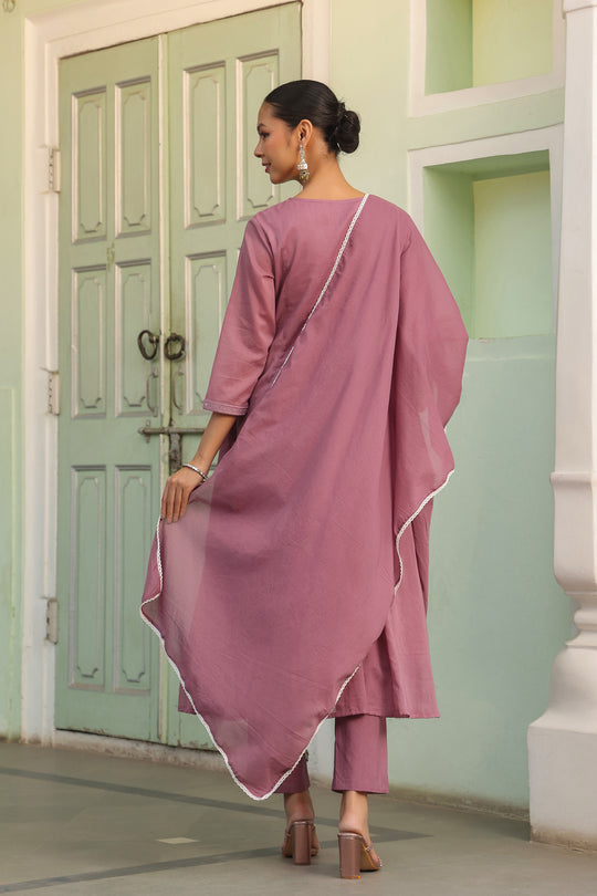 Onion Pink Embroidered Cotton Kurta Set for Women