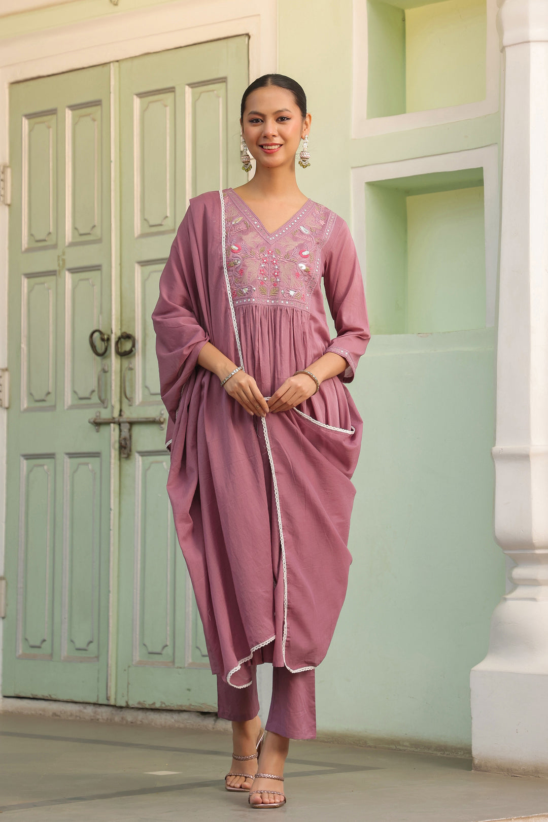 Onion Pink Embroidered Cotton Kurta Set for Women