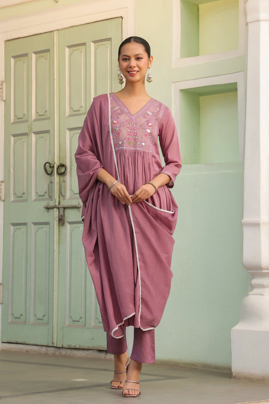 Onion Pink Embroidered Cotton Kurta Set for Women