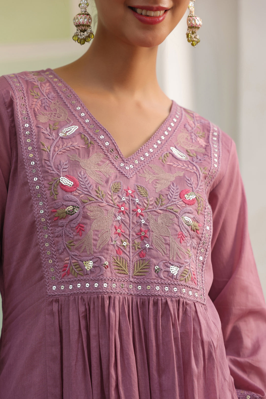Onion Pink Embroidered Cotton Kurta Set for Women