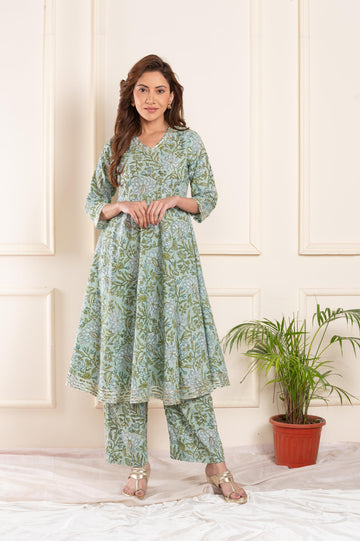 Women cotton blockprint gotta pati suitset olive