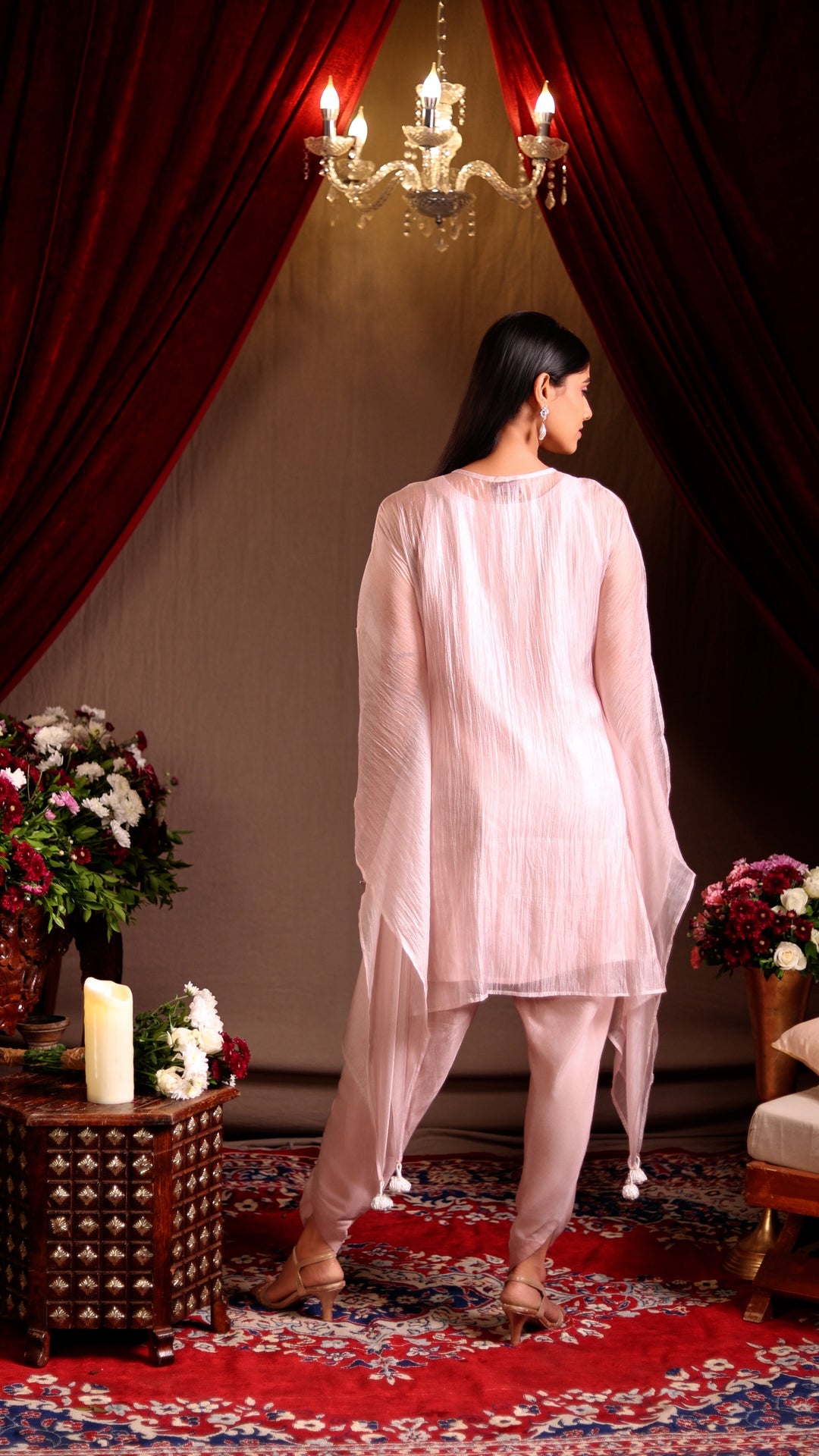 Pearl Pink Mirrorwork Kaftan Set