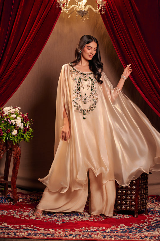 Ivory Emerald Stonework Kaftan set
