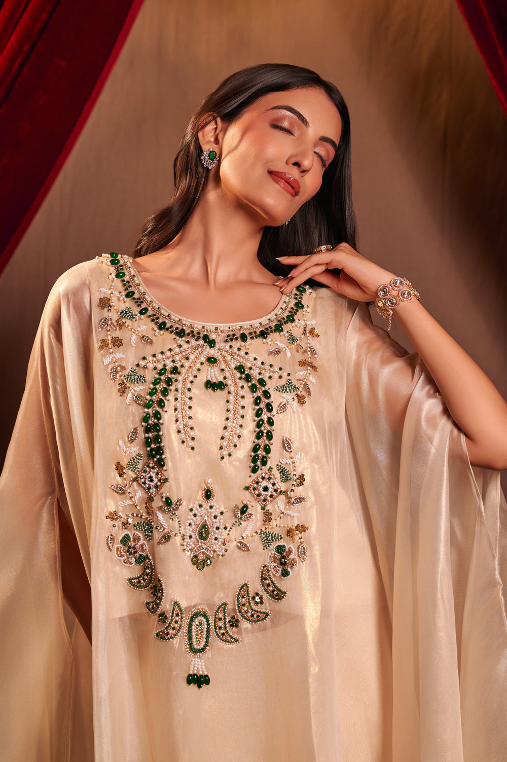Ivory Emerald Stonework Kaftan set