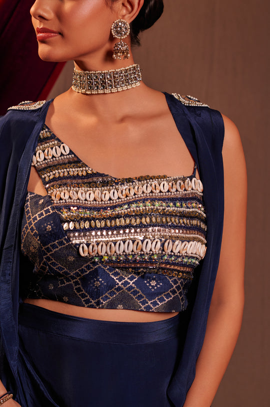 Midnight Blue Draped Skirt set with Jacket