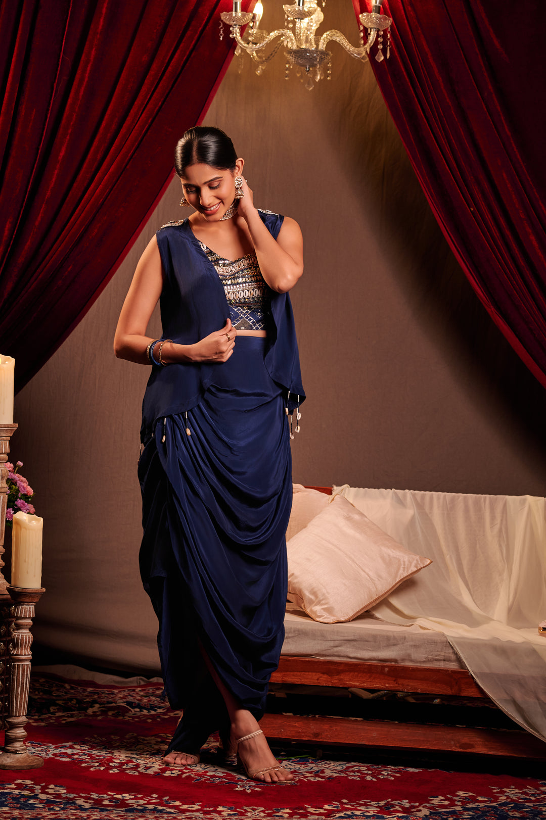 Midnight Blue Draped Skirt set with Jacket