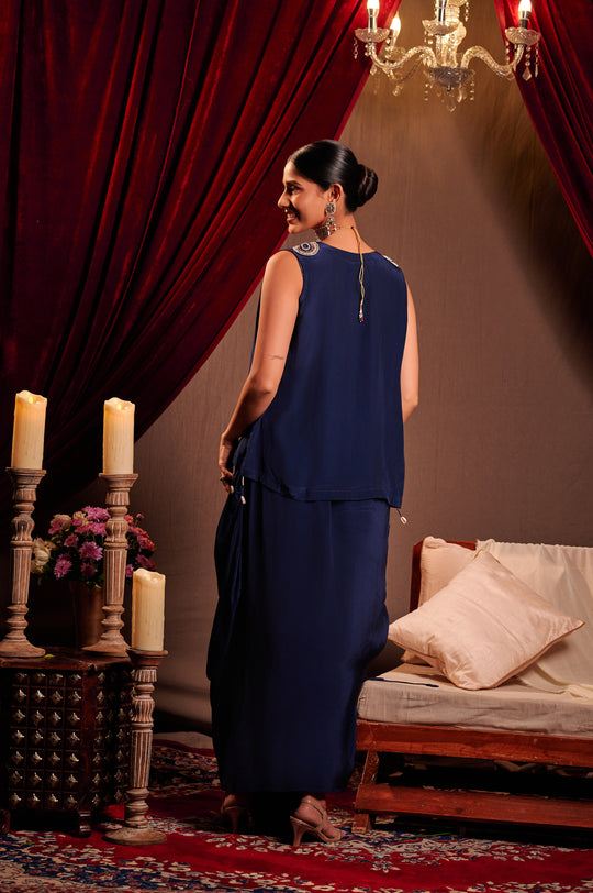 Midnight Blue Draped Skirt set with Jacket