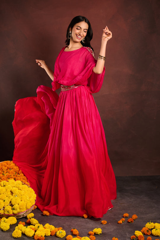 Duo toned Pink Orange wrap top & skirt set