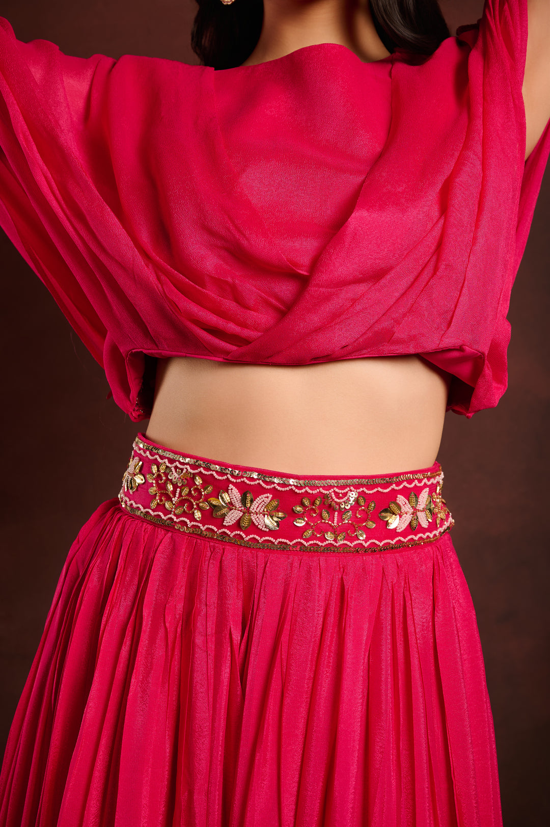 Duo toned Pink Orange wrap top & skirt set