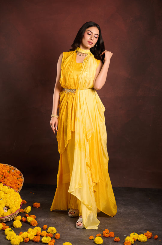 Two toned yellow gown with cape