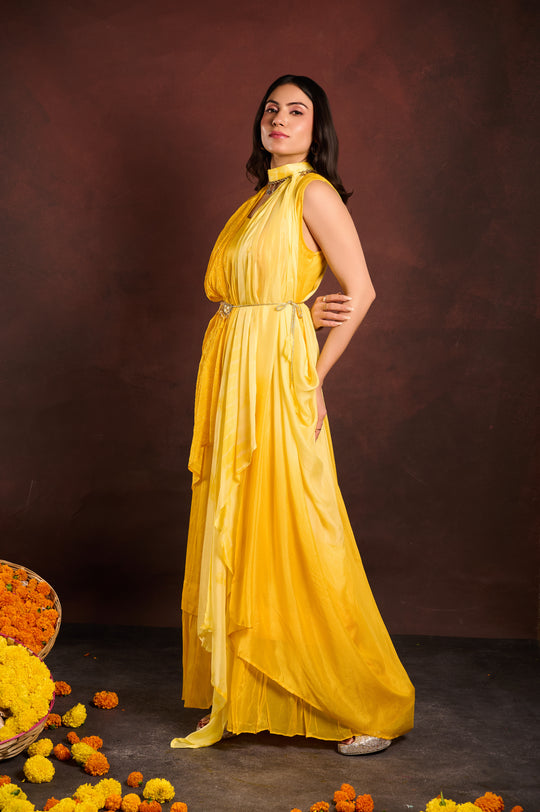 Two toned yellow gown with cape