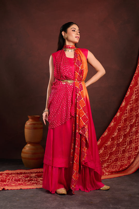 Rani Pink Bandhej Cape with Gown