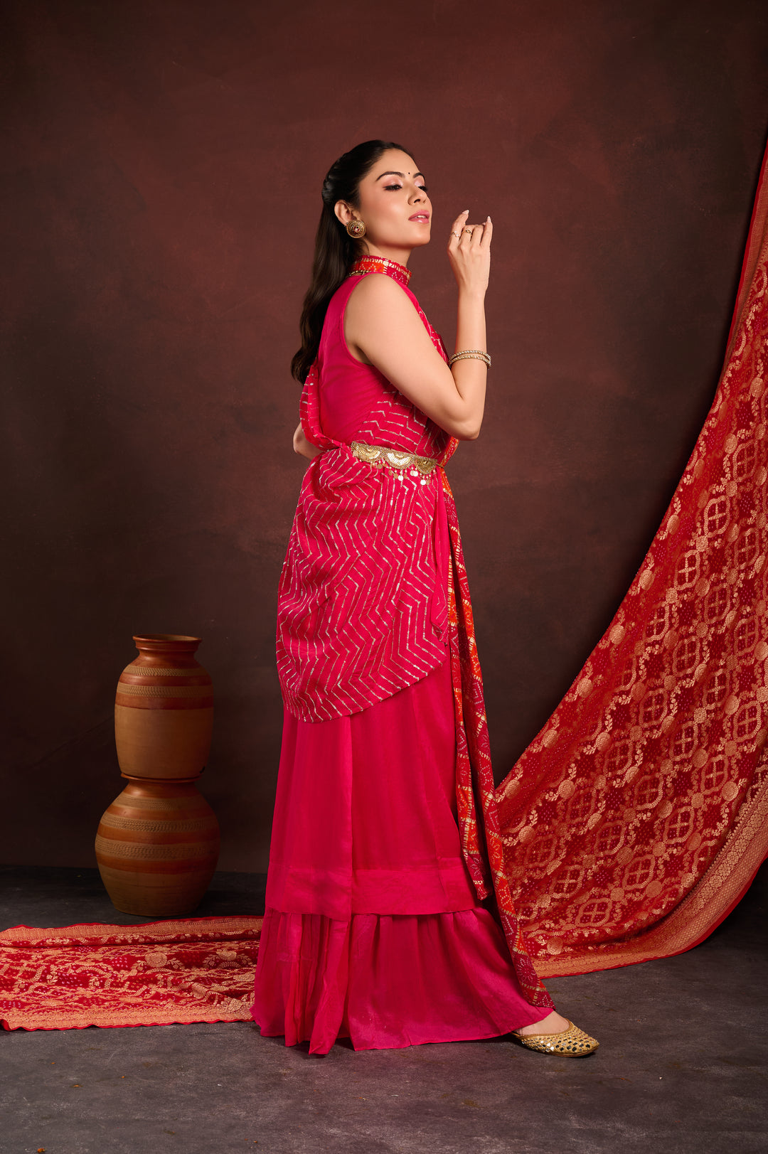 Rani Pink Bandhej Cape with Gown