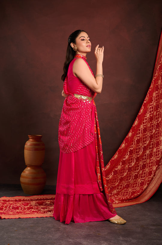 Rani Pink Bandhej Cape with Gown
