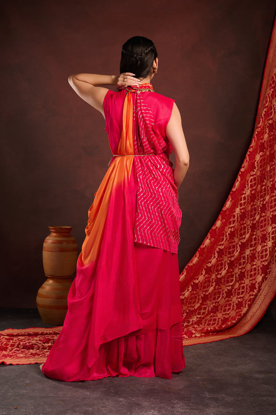 Rani Pink Bandhej Cape with Gown