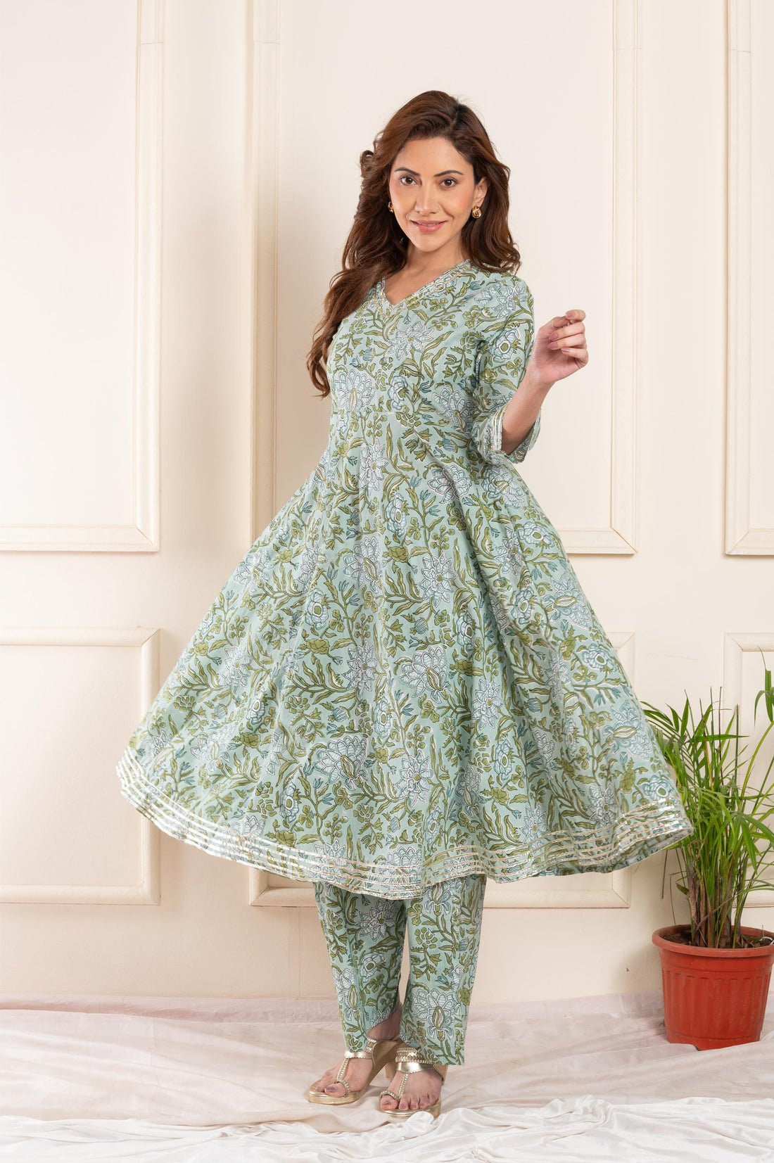 Women cotton blockprint gotta pati suitset olive