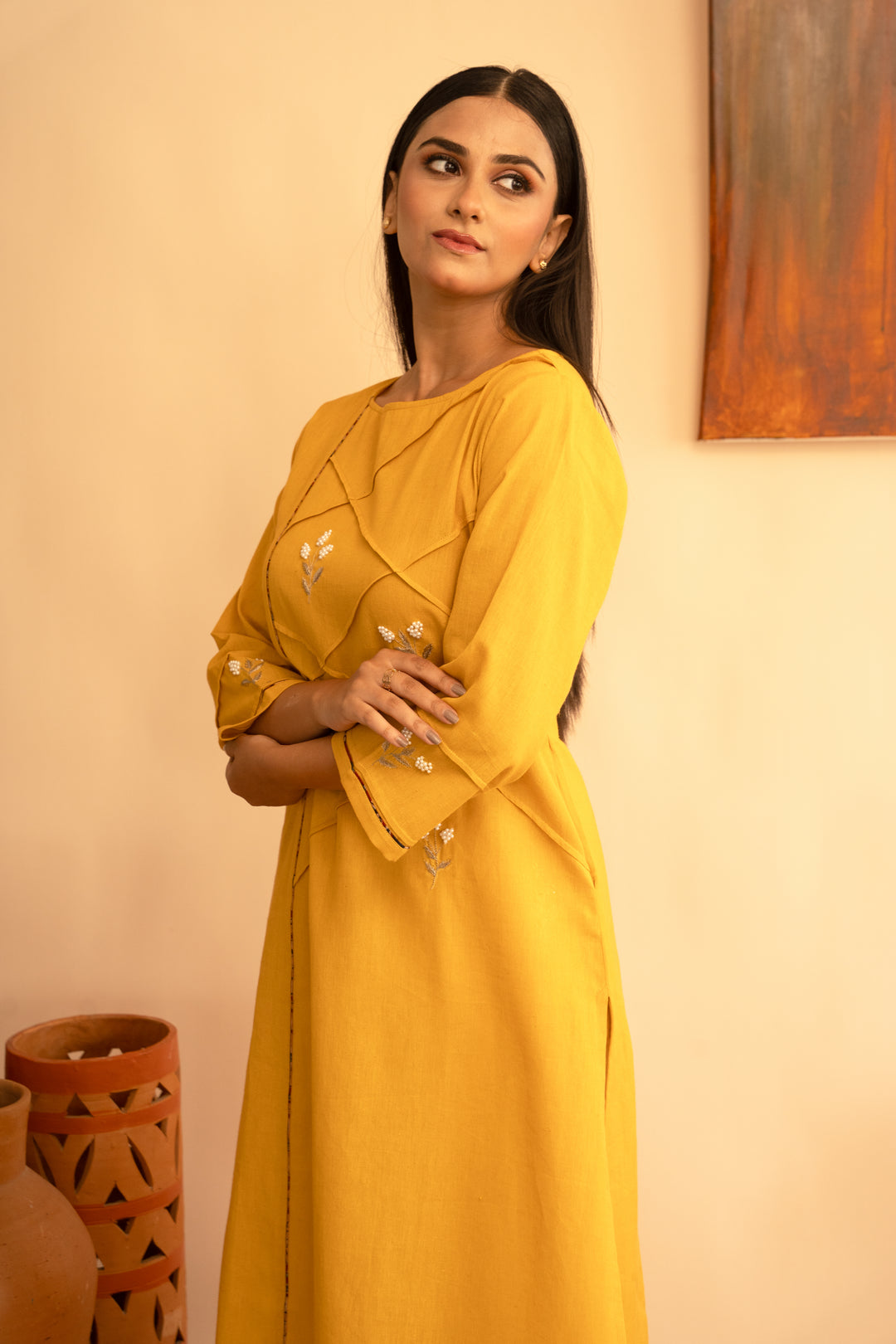 Women’s Chanderi Round Neck Mukaish Regular Fit Kurta - Arya collection