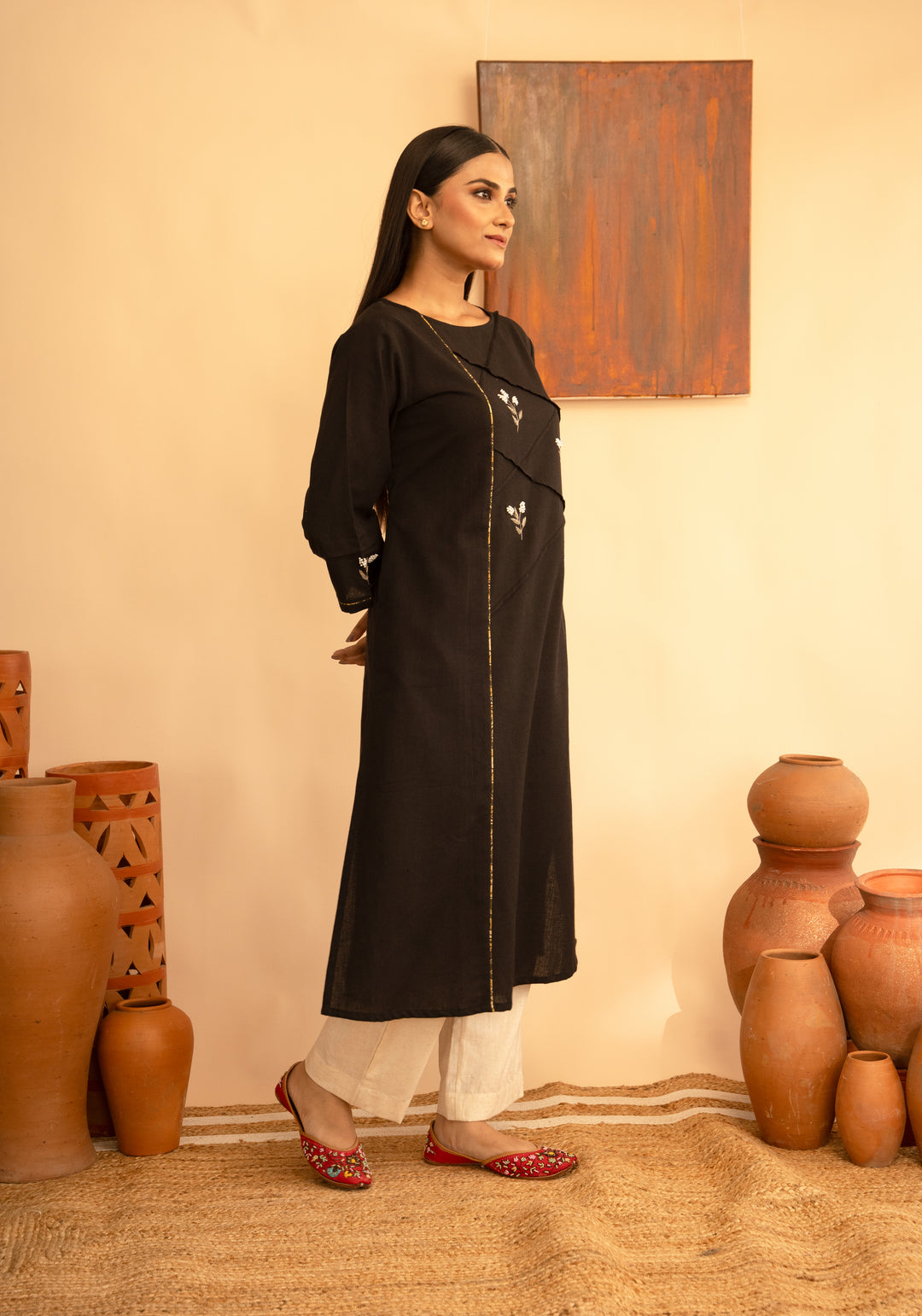 Women’s Chanderi Round Neck Mukaish Regular Fit Kurta - Arya collection