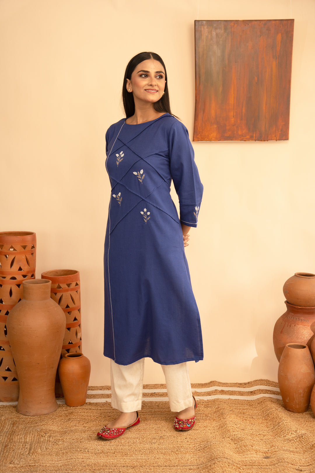 Women’s Chanderi Round Neck Mukaish Regular Fit Kurta - Arya collection