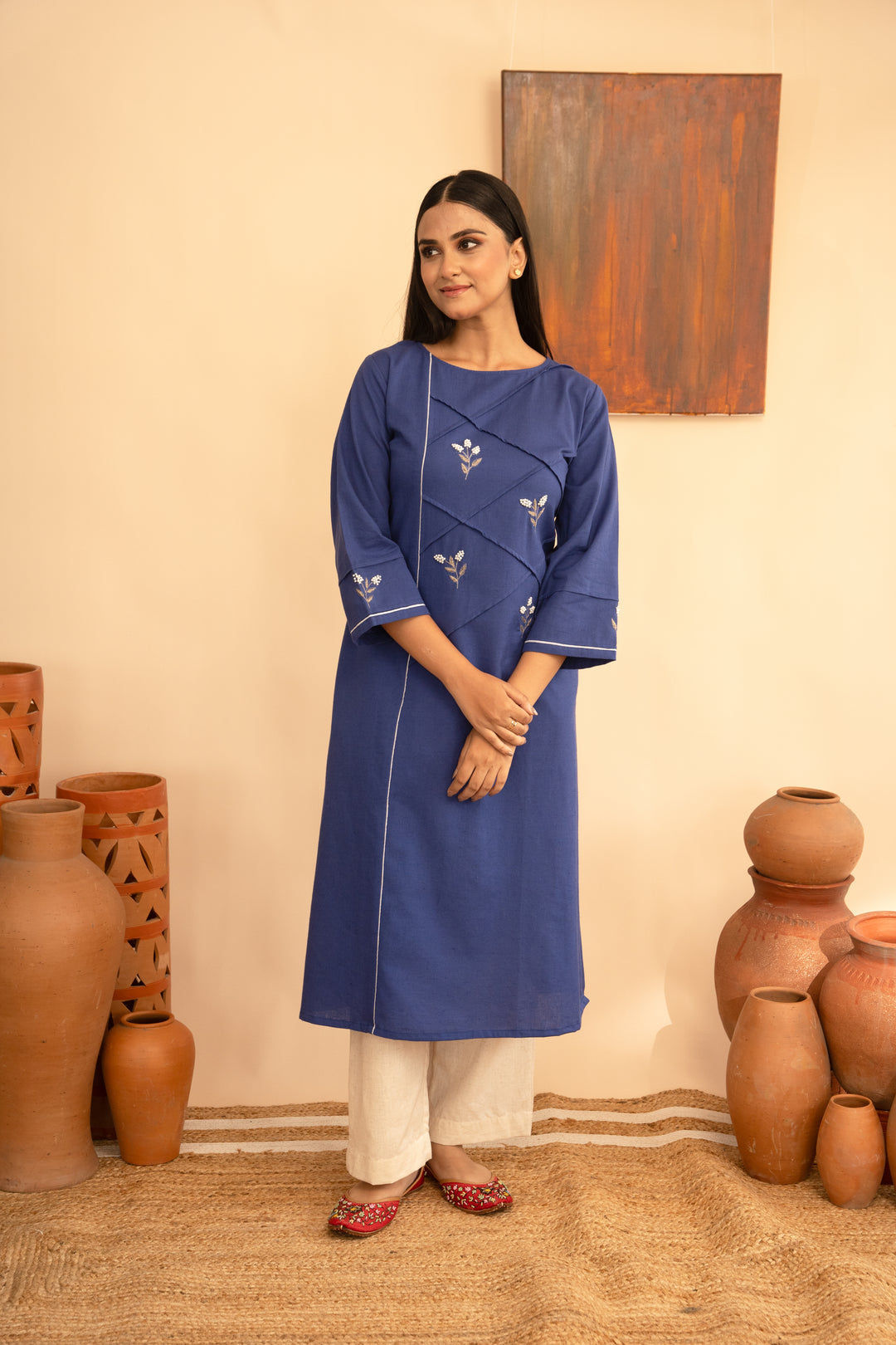 Women’s Chanderi Round Neck Mukaish Regular Fit Kurta - Arya collection