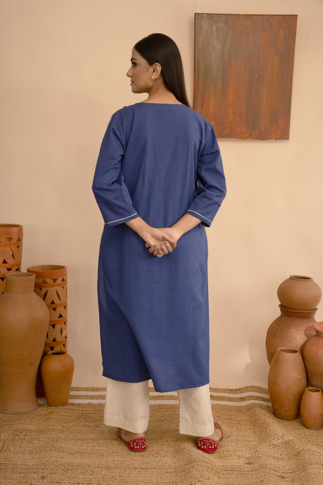 Women’s Chanderi Round Neck Mukaish Regular Fit Kurta - Arya collection