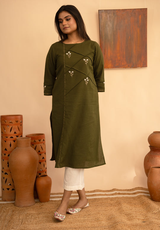 Women’s Chanderi Round Neck Mukaish Regular Fit Kurta - Arya collection