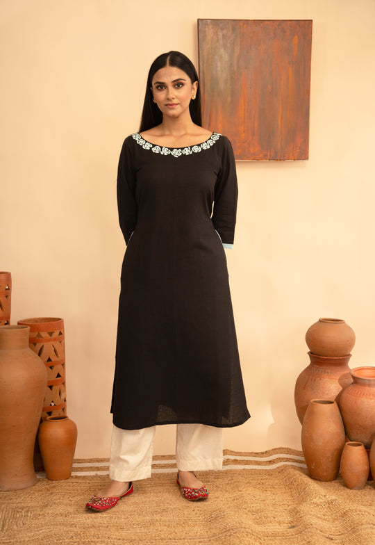 Women’s Cotton Flex Round Neck Hand-Embroidered Regular Fit Kurta - Arya collection