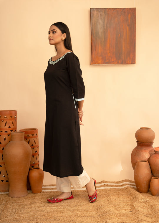 Women’s Cotton Flex Round Neck Hand-Embroidered Regular Fit Kurta - Arya collection